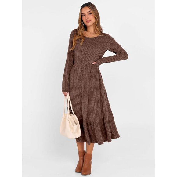 Womens Long Sleeve Midi Dress Rib Knit Crew Neck A Line Flowy Casual - Picture 2 of 7